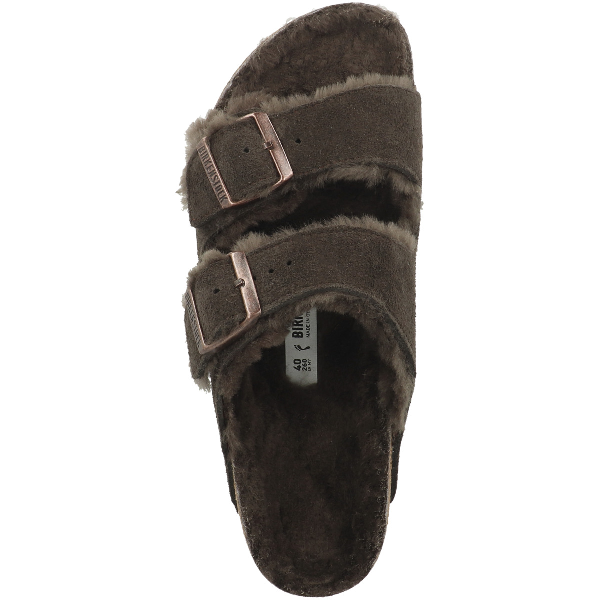 Birkenstock Arizona Veloursleder Lammfell Sandale schmal dunkelbraun Birkenstock Arizona Veloursleder Lammfell Sandale schmal dunkelbraun
